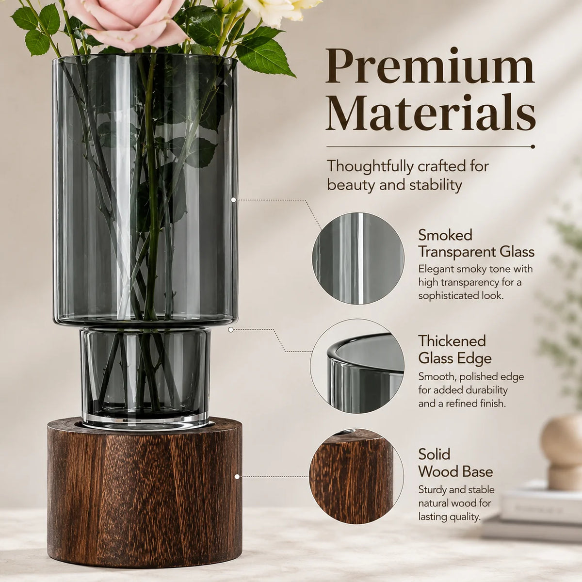 Modern Separable Cylinder Glass Vase, Smoke Grey Transparent Glass Vase with Natural Wood Stand, Minimalist Desktop Flower Arrangement Decor for Bedroom Office Entryway