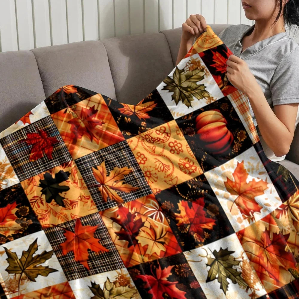Fall Harvest Maple Leaf Pumpkin Plaid Patchwork Flannel Blanket Soft Warm Fleece Throw Blanket Thanksgiving Decor Gift