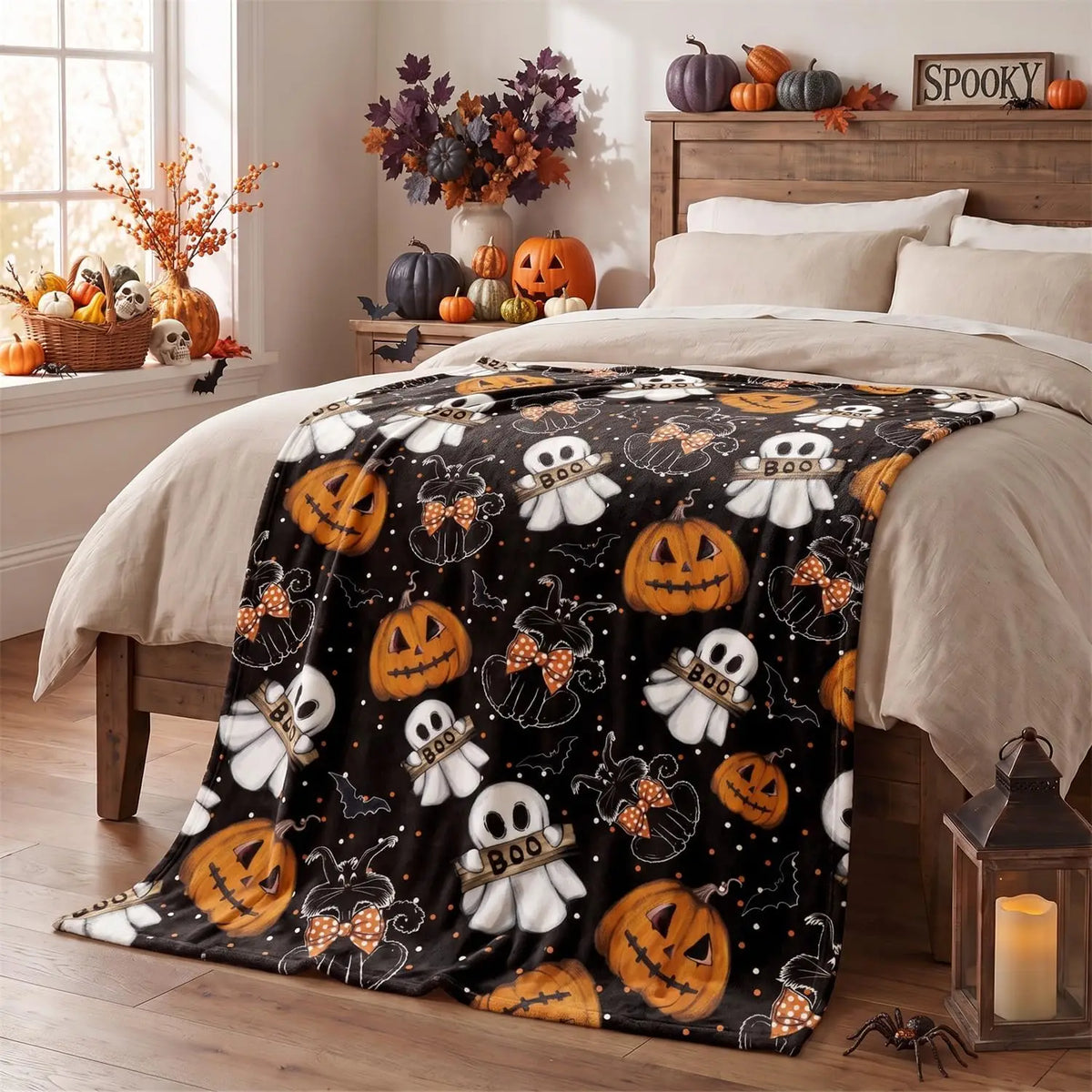 Horaldaily Halloween Black Pumpkin Ghost Cat Flannel Throw Blanket 50x60