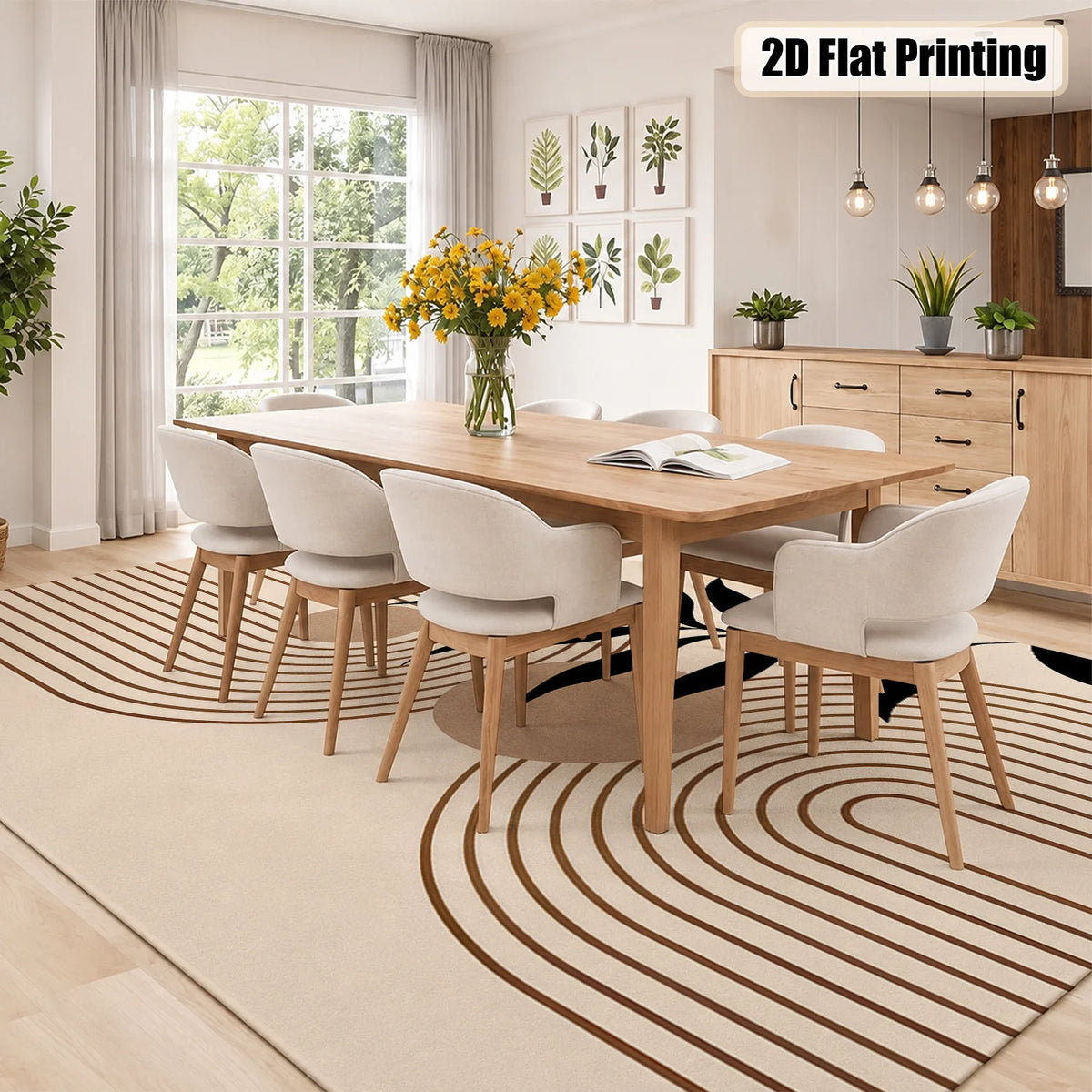 Large Indoor Area Rug, Soft Velvet Low Pile Rug with Non-Slip Dotted Backing, Machine Washable Modern Abstract Line & Black Leaf Pattern Neutral Beige Floor Mat for Living Room, Bedroom
