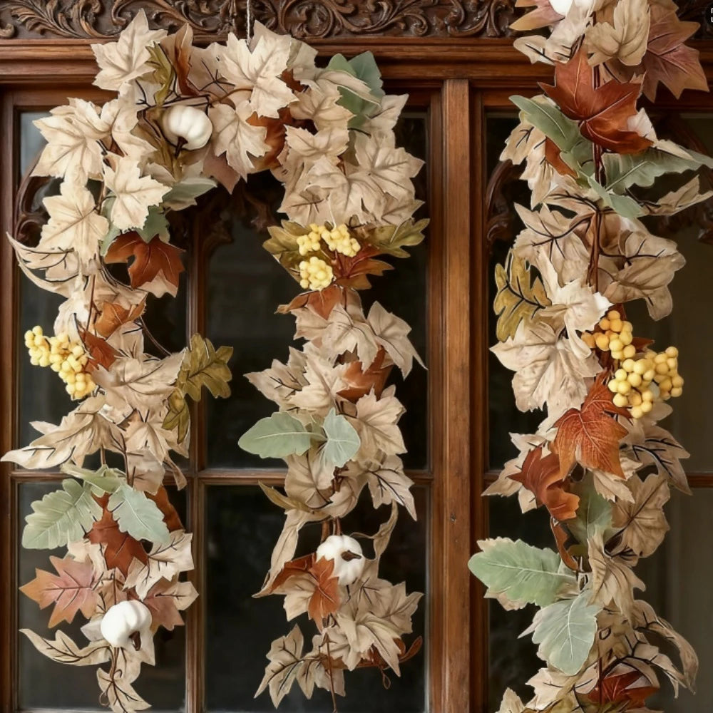 1pc Autumn Pumpkin Wreath, 71.1 Inch Artificial Maple Leaf Pumpkin Berry Vine Wreath with Pumpkin Maple Leaf Garland for Wedding, Thanksgiving Table, Farmhouse Decoration