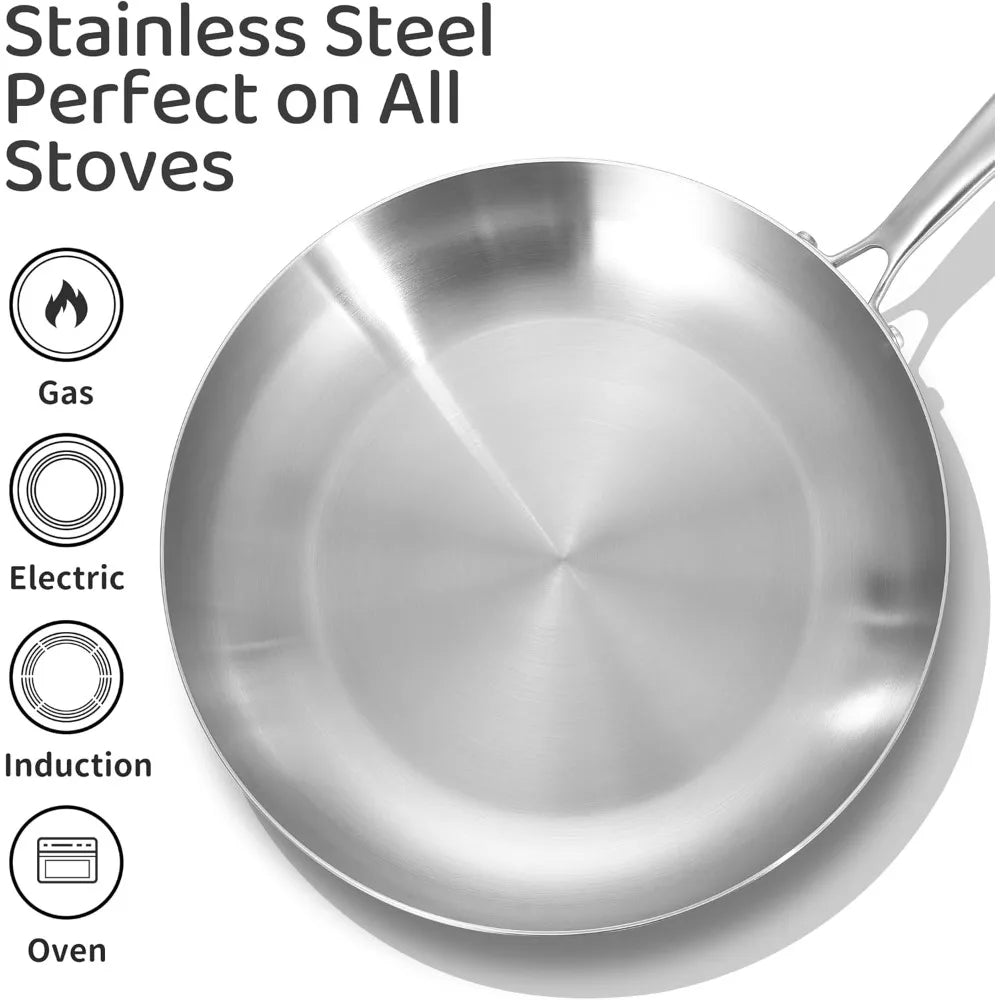 11 Inch Tri-Ply Stainless Steel Frying Pan Detachable Handle Fast Even Heating Induction Oven Safe Kitchen Skillet