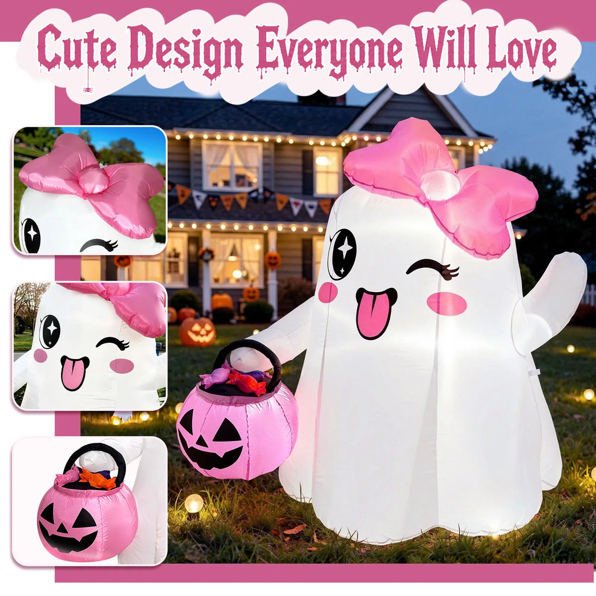 Halloween 5ft Inflatable Cute Ghost Decor with Pink Bow - Indoor/Outdoor Party, Store, and Event Venue Decoration