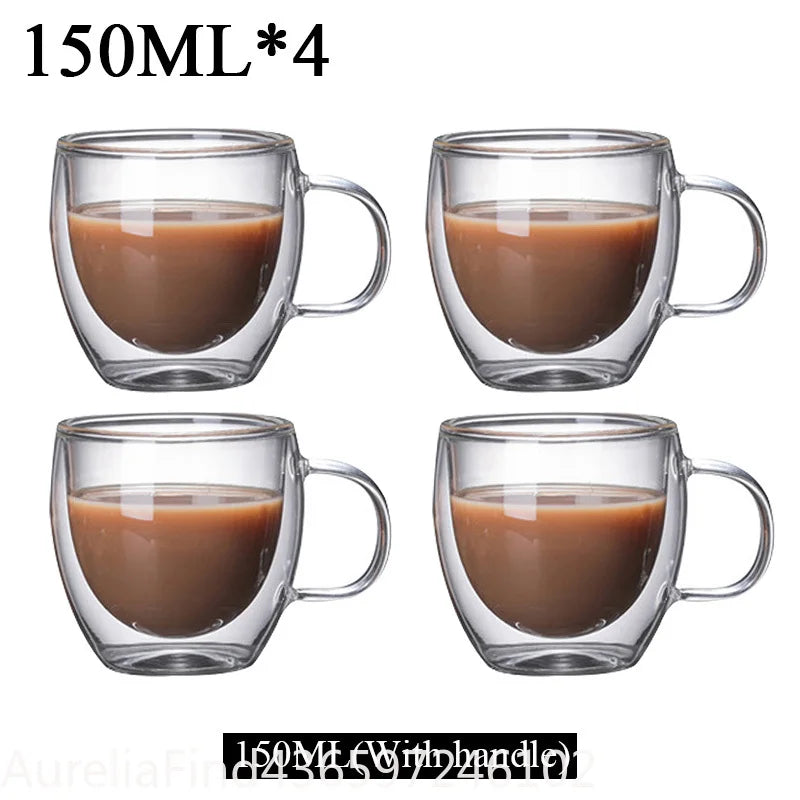 150/250/350/450ml Heat‑Resistant Double‑Wall Transparent Glass Mug For Coffee Tea Milk Whiskey Wine Cold‑Beverage Household Drinkware
