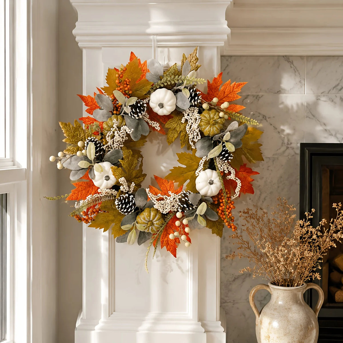1pc Fall Artificial Pumpkin Wreath with Maple Leaves, Berries, Pinecones And Eucalyptus, Thanksgiving Halloween Home Door And Wall Decor