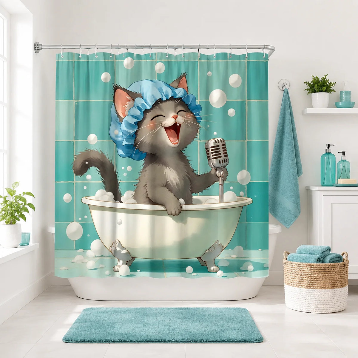 2D Flat, 2D Flat, 2D Flat Shower Curtain 1pc, Mcca Cute Cat Singing Shower Curtain, Polyester Comfortable Fabric, Multi-Size Selection, Special Boutique Hotel, Creating a Dreamy Healing Atmosphere, Creating a Natural Healing
