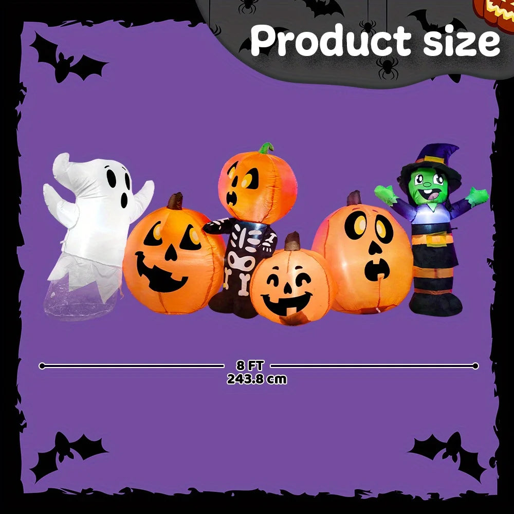 Halloween Inflatable 8 ft Long Three Halloween Characters and Pumpkin Patch Blow Up Inflatables with Build-in LEDs for Party Indoor Outdoor Yard Lawn Garden Decorations