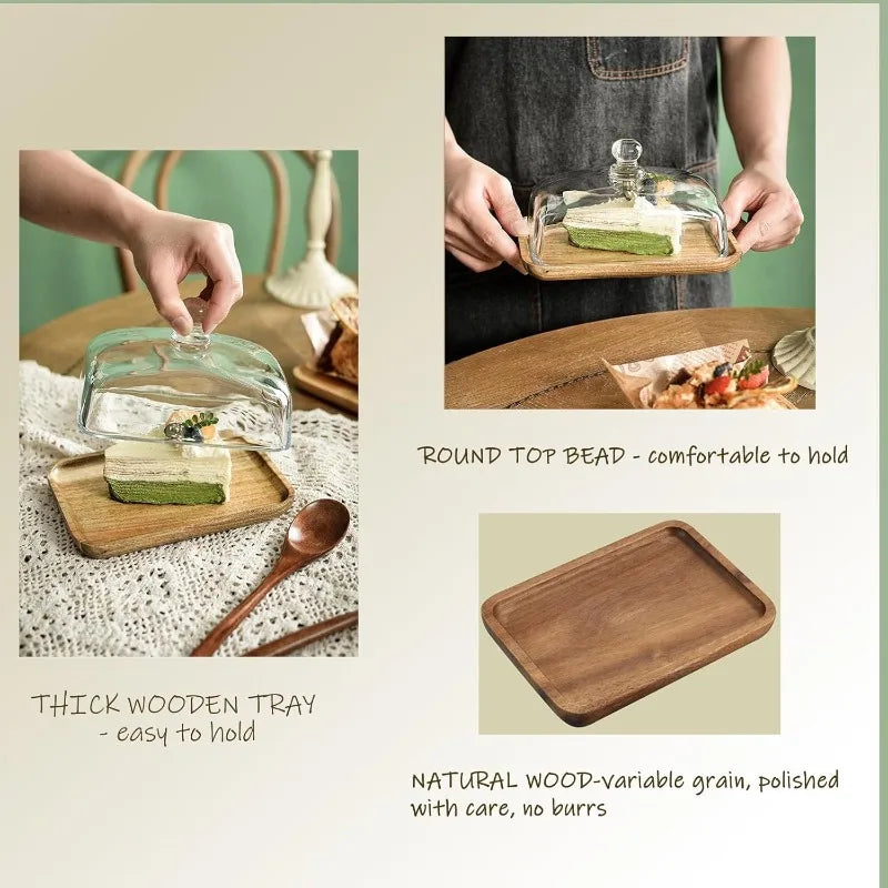 1PC Wooden Butter Dish with Clear Dome Vintage Multipurpose Dessert Pastry Snack Fruit Serving Display Plate