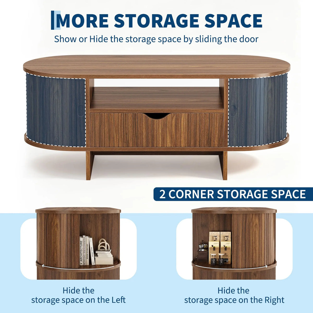 HiMISS Modern Fluted Oval Coffee Table With Storage Cabinet