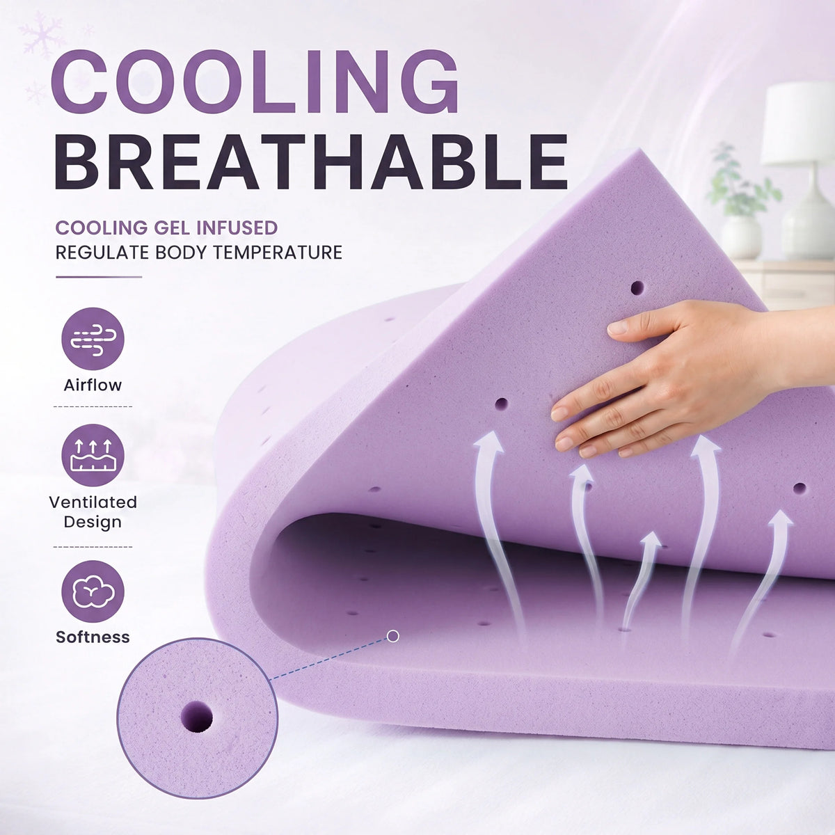 MCQ 3 Inch Memory Foam Mattress Topper Purple Full Size Gel Breathable Cooling Mattress Soft Bed Topper For Home Bedroom Furniture ﻿