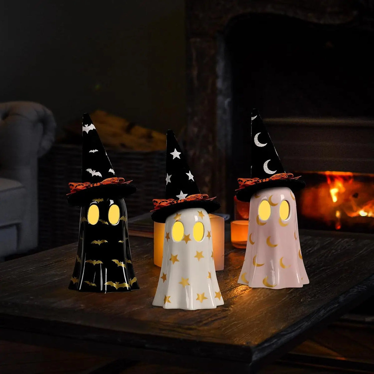Halloween Decor Indoor, Set of 3 Ceramic Ghosts with Witch Hats, Cute Spooky Ghost Figurines for Mantel, Shelf & Tabletop Decor, Halloween Decorations