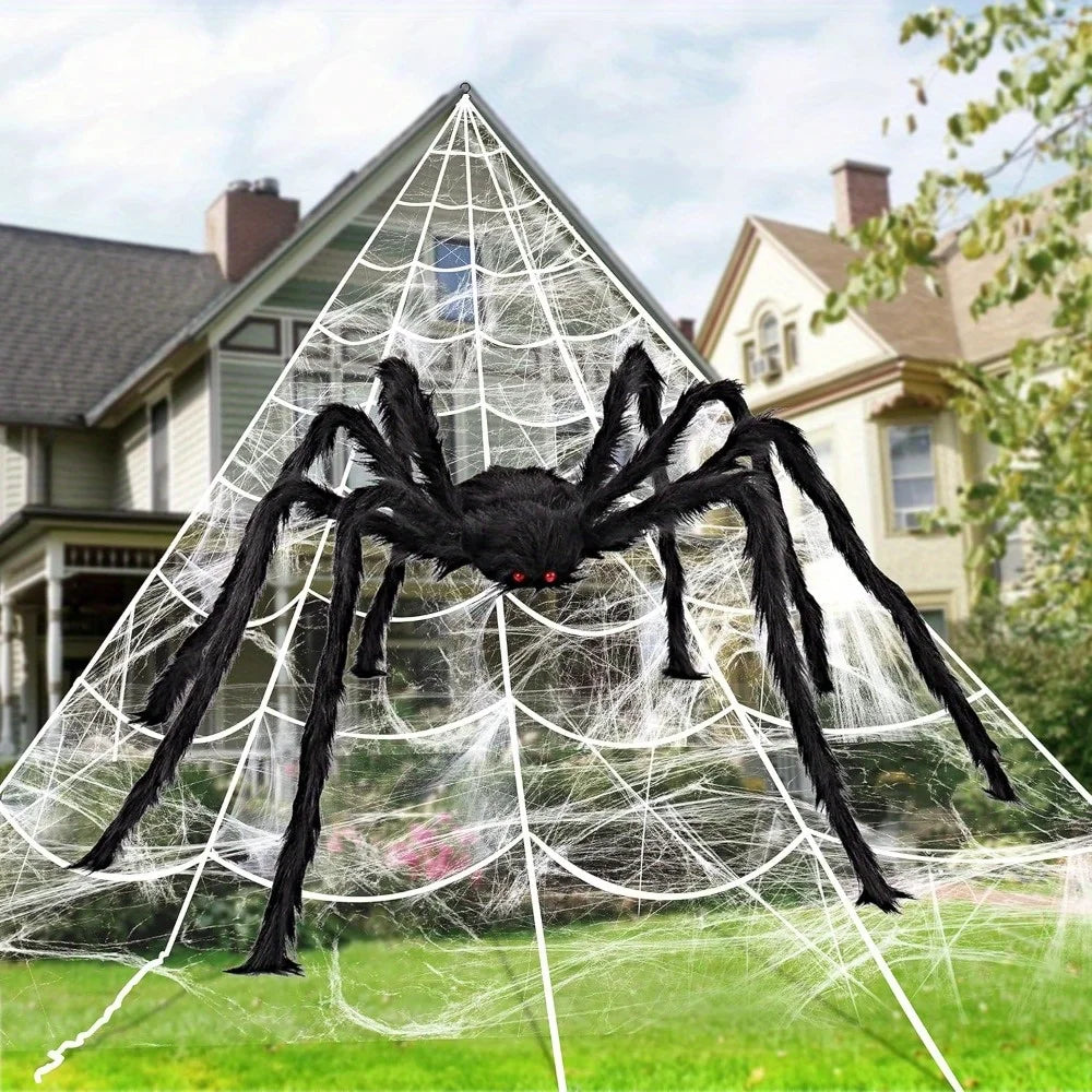 Halloween Decoration Outdoor 59'' Giant Spider with 400 sqft Spider Web Outside Decor, Stretchy Triangular Spiderweb 23 x 18 ft for Yard Haunted House Indoor Decor Supplies, Photobooth Props