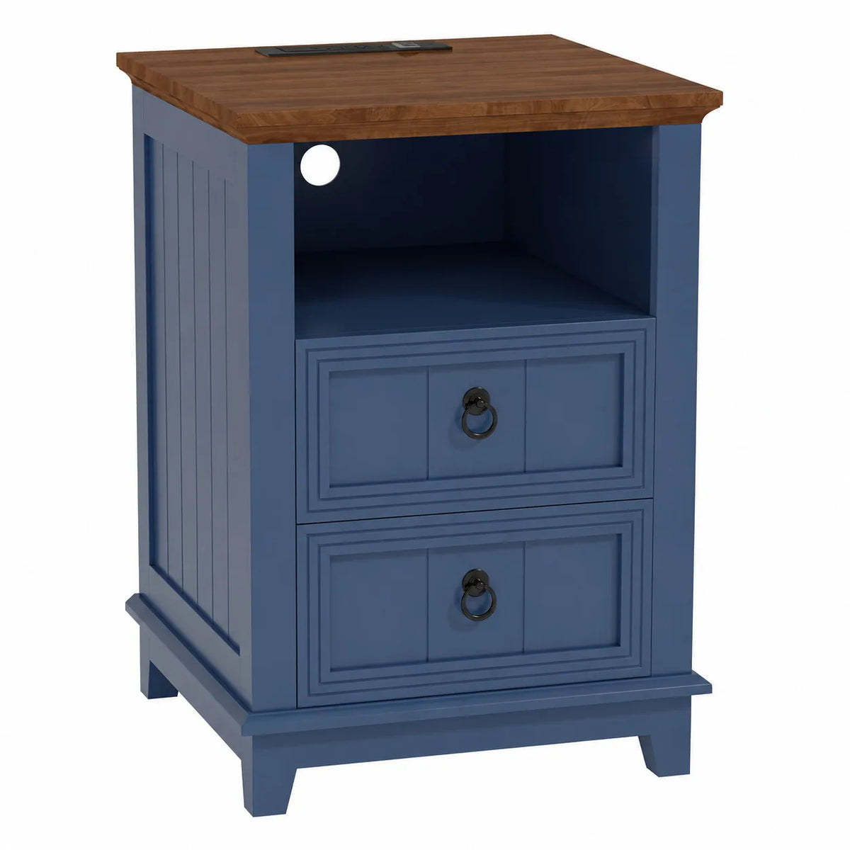 18 Inch Wood Nightstand with USB Charging Station Modern Fluted Bedside Table 2 Drawer End Table with Storage Shelf for Bedroom Living Room Home Office Apartment Dorm Blue