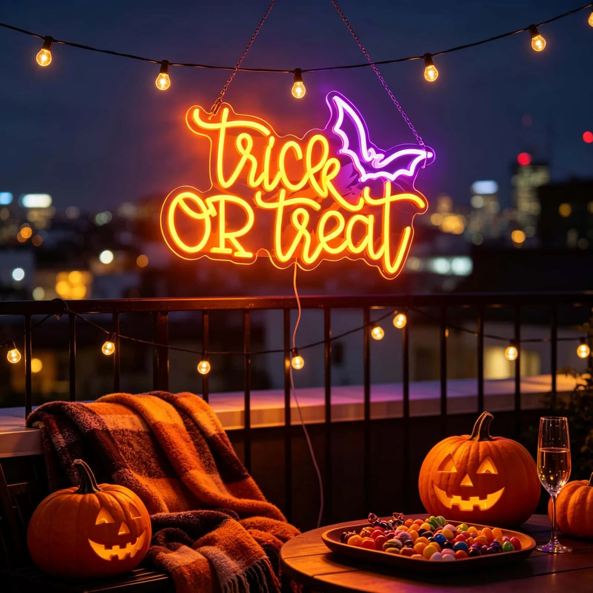 USB Powered Trick OR Treat LED Neon Sign with Bat Halloween Neon Light Wall Hanging Lamp for Party Home Bar Bedroom Window Holiday Decor