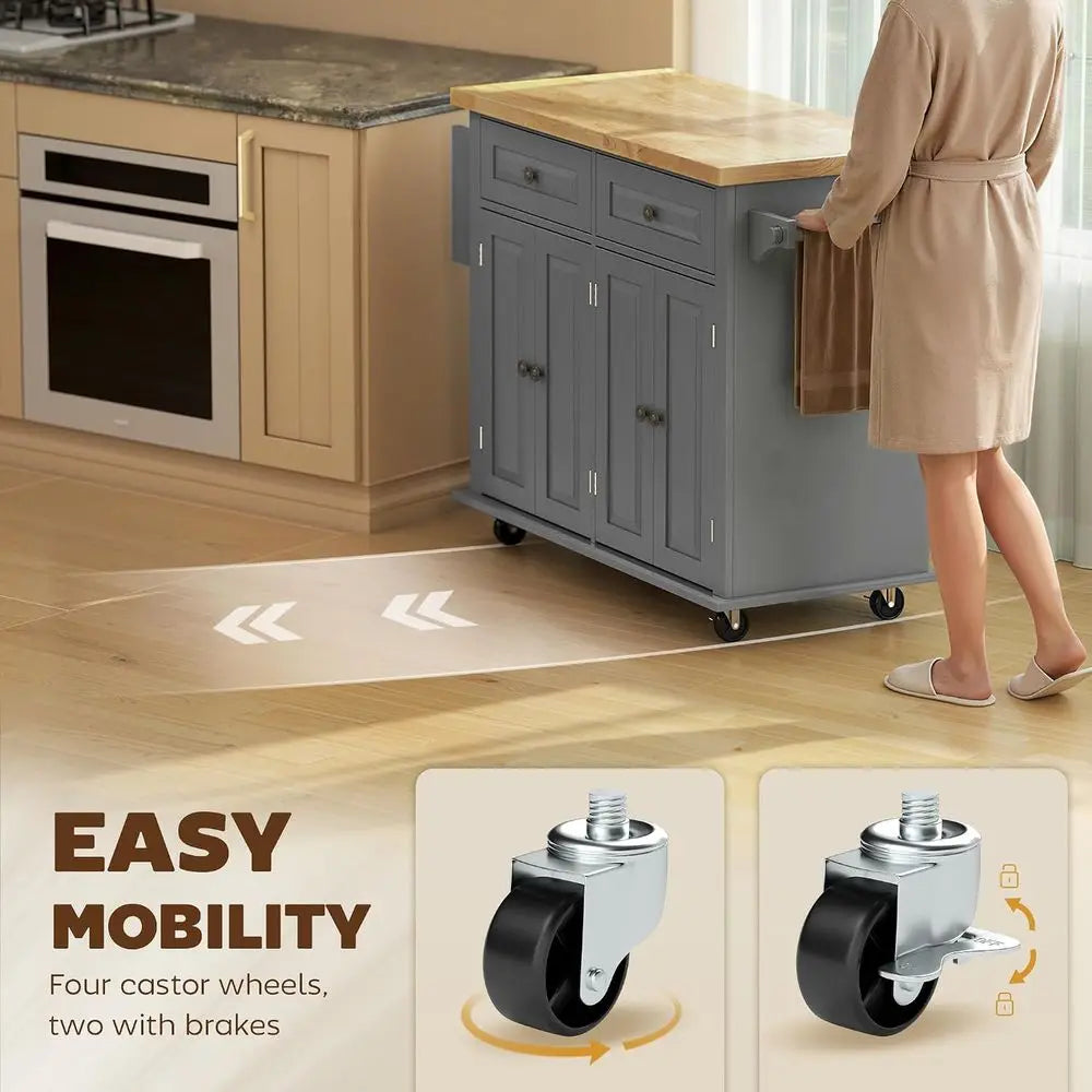 Kitchen Island Cart with Solid Wood Top, 44" Mobile Kitchen Island Table on Wheels with Storage Cabi, 2 Ders, Adjustable Shelves