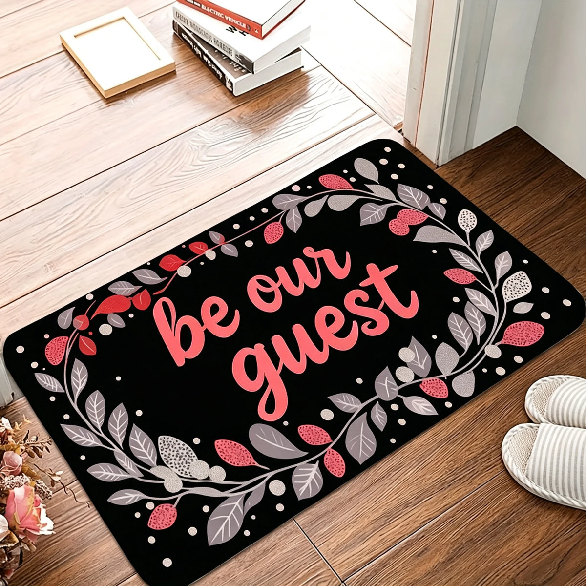 1 Piece of Family Welcome Printed Flannel Doormat with Leaf and Letter Patterns, Entrance Carpet, Living Room and Bedroom Mats, Available in Various Sizes and Colors