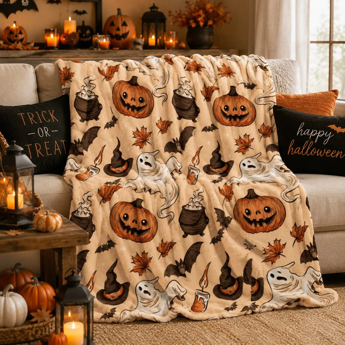 1pc Spooky Pumpkin & Ghosts Plaid Flannel Throw Blanket - Soft Polyester, All-Season Decorative Throw for Bedroom & Living Room, Machine Washable, Perfect Gift for Halloween, Birthdays, and Home Decor, Halloween Decorations