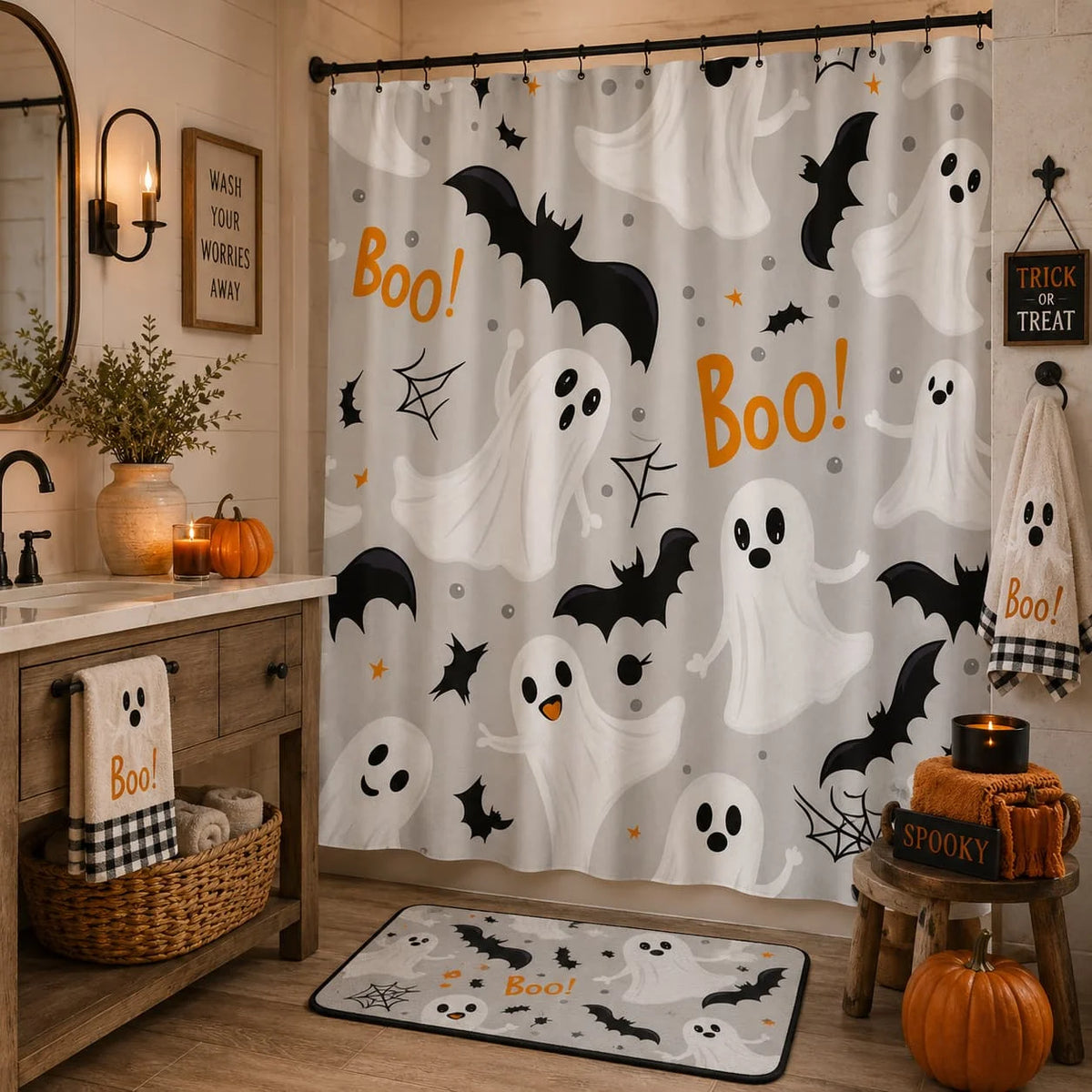 A Single Whimsical Halloween Shower Curtain Featuring a Seamless Design of White Ghosts with Black Eyes And Mouths, Along with Flying And Standing Black Bats