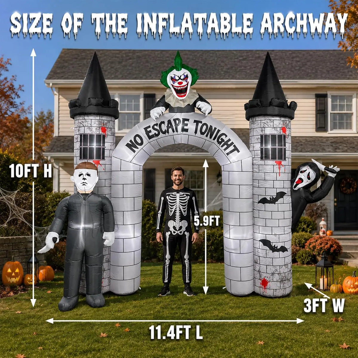 Outdoor Halloween Archway Inflatable with Built-In LEDs | 10FT Blow Up Arch for Yard Haunted House Decorations Featuring 3 Killer Characters | Easy Setup Inflatable Entrance for Indoor, Lawn & Garden