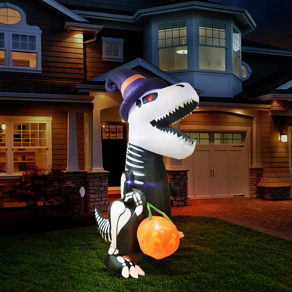 Halloween 8 FT Tall Skeleton Dinosaur Inflatables Outdoor Decorations Halloween Blow Ups for Yard, Inflatable Skeleton Dinosaur with Pumpkin for Outside Garden Decor