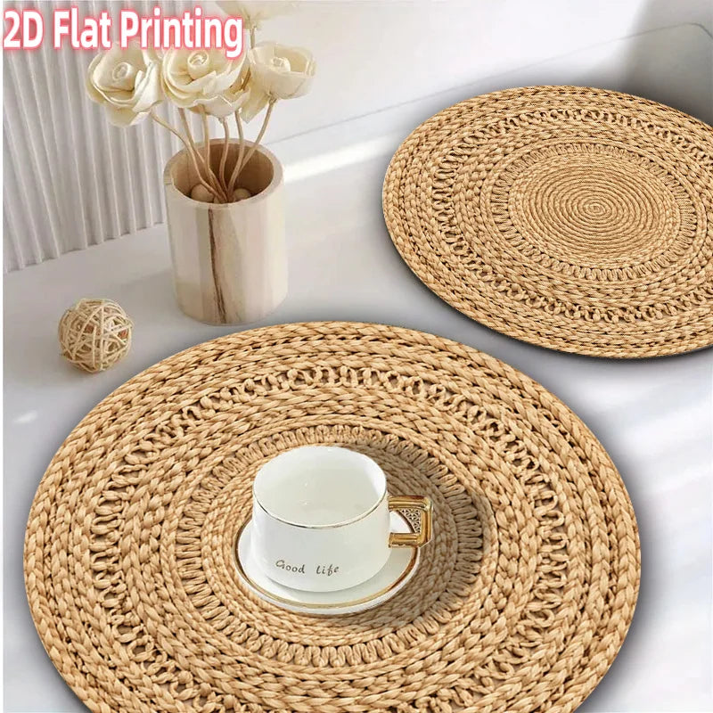 4-Pack Natural Fiber Round Placemats, Suitable for Parties and Gatherings. The table mats feature a woven natural fiber design with machine-washable fabric, ideal for decorative table settings, dining tables and Christmas dec