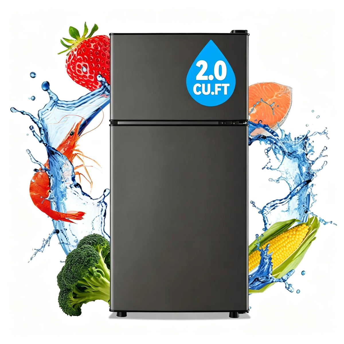 Mini Fridge with Top Freezer 2.0 Cu.ft Two Door Small Grey Refrigerator for Personal Use Includes Egg Tray