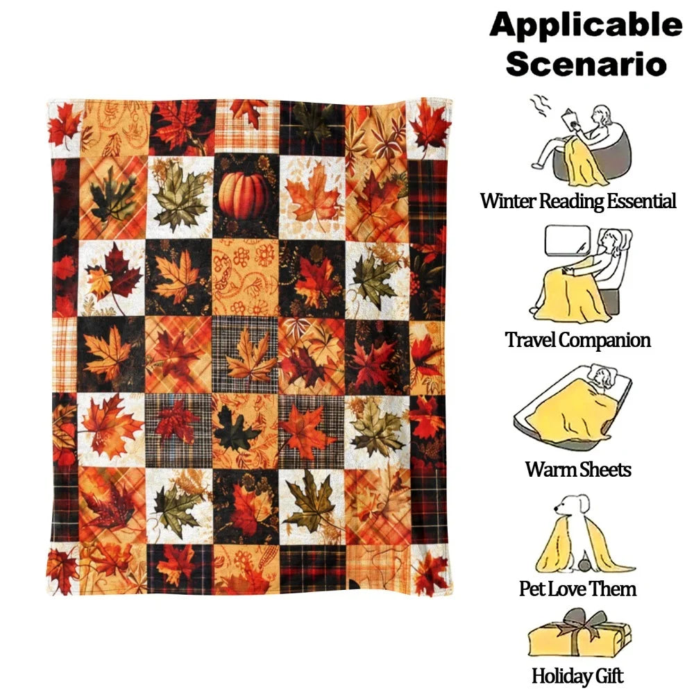 Fall Harvest Maple Leaf Pumpkin Plaid Patchwork Flannel Blanket Soft Warm Fleece Throw Blanket Thanksgiving Decor Gift