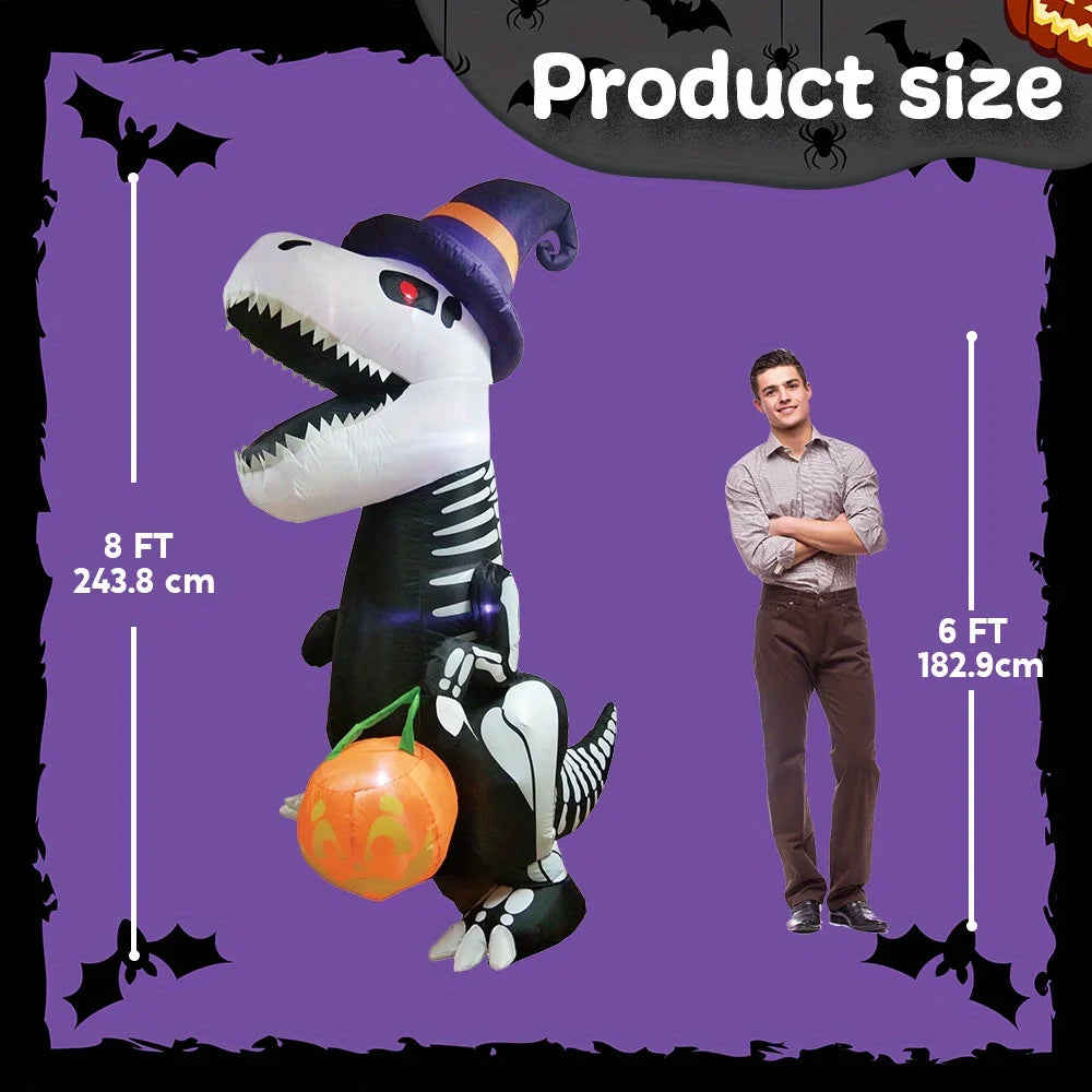 Halloween 8 FT Tall Skeleton Dinosaur Inflatables Outdoor Decorations Halloween Blow Ups for Yard, Inflatable Skeleton Dinosaur with Pumpkin for Outside Garden Decor
