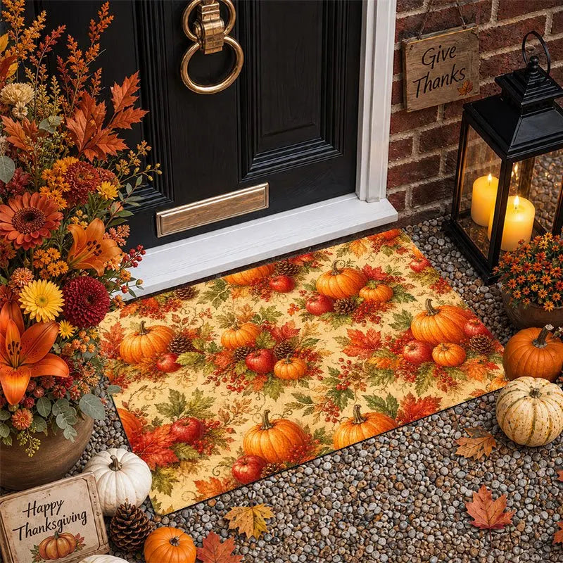 1pc Autumn Harvest Non-Slip Suitable for Thanksgiving Farmhouse Decor, Soft Flannel Indoor Entrance Mat with Pumpkin Maple Leaf Apple Pinecone Berry Print