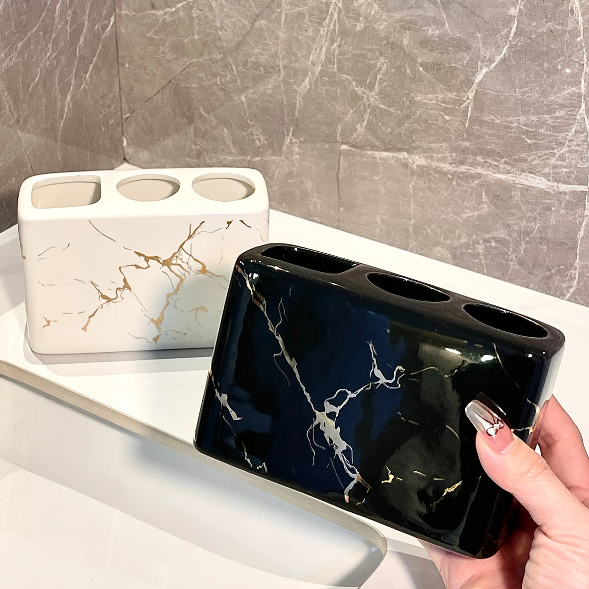 Ceramic Toothbrush Holder with Golden Marble End - 3-Slot Textured Bathroom Organizer, Rustproof Base for Countertop, Toothpaste And Brushes Storage Set