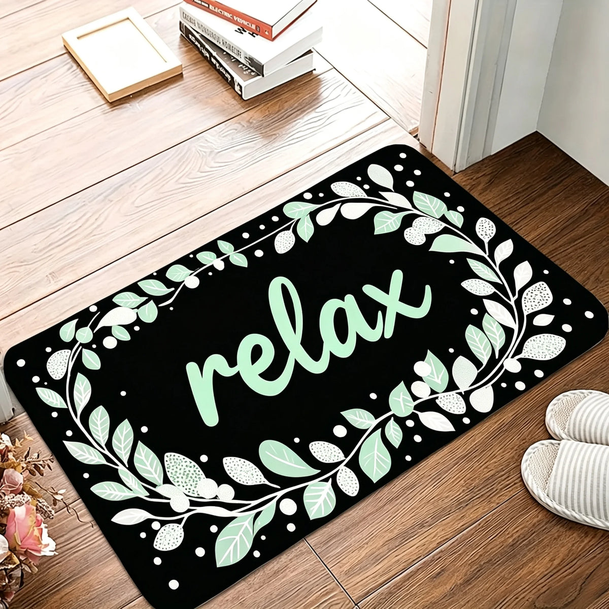 1 Piece of Family Welcome Printed Flannel Doormat with Leaf and Letter Patterns, Entrance Carpet, Living Room and Bedroom Mats, Available in Various Sizes and Colors