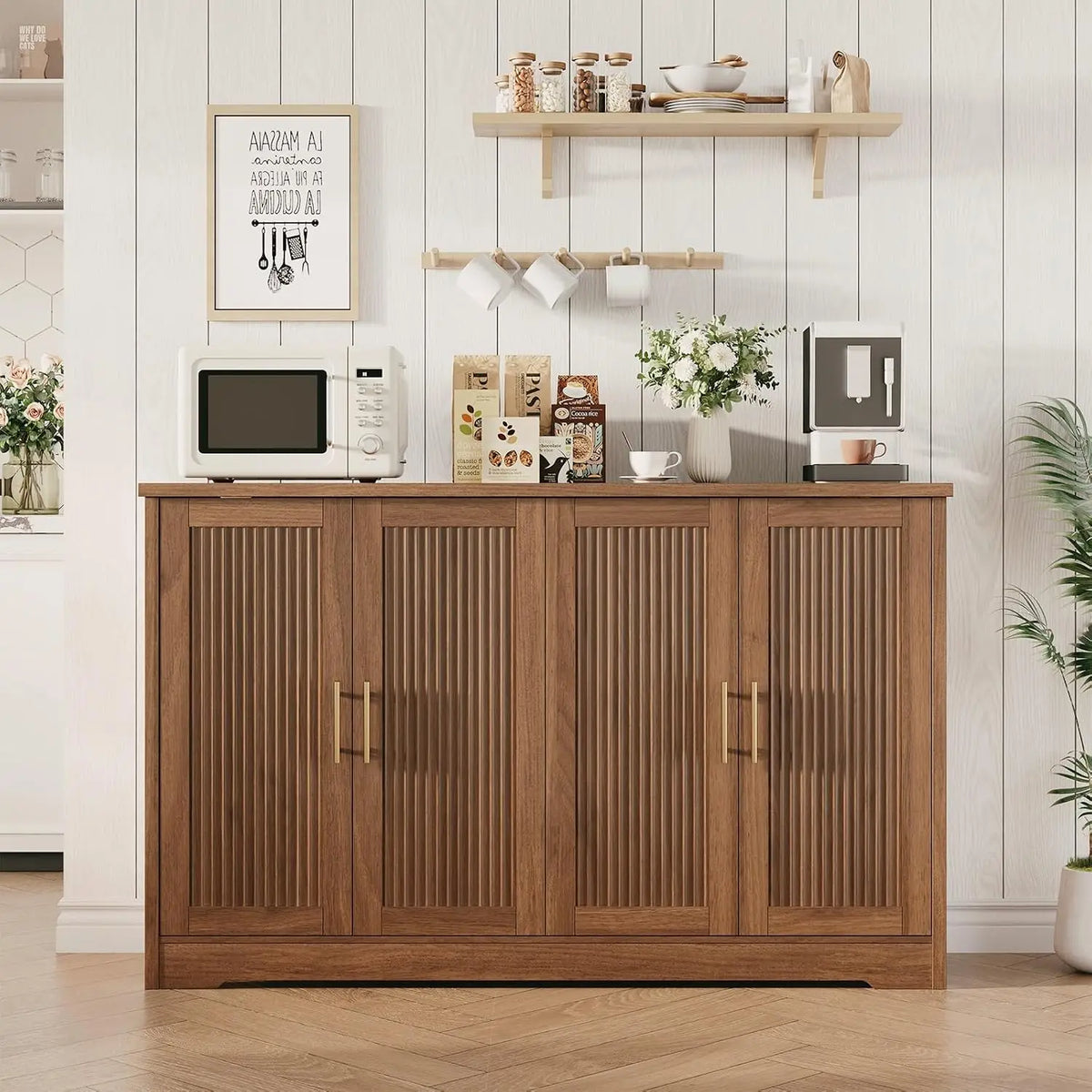 HiMISS Fluted Sideboard Buffet Cabinet With Shelves And Wine Rack