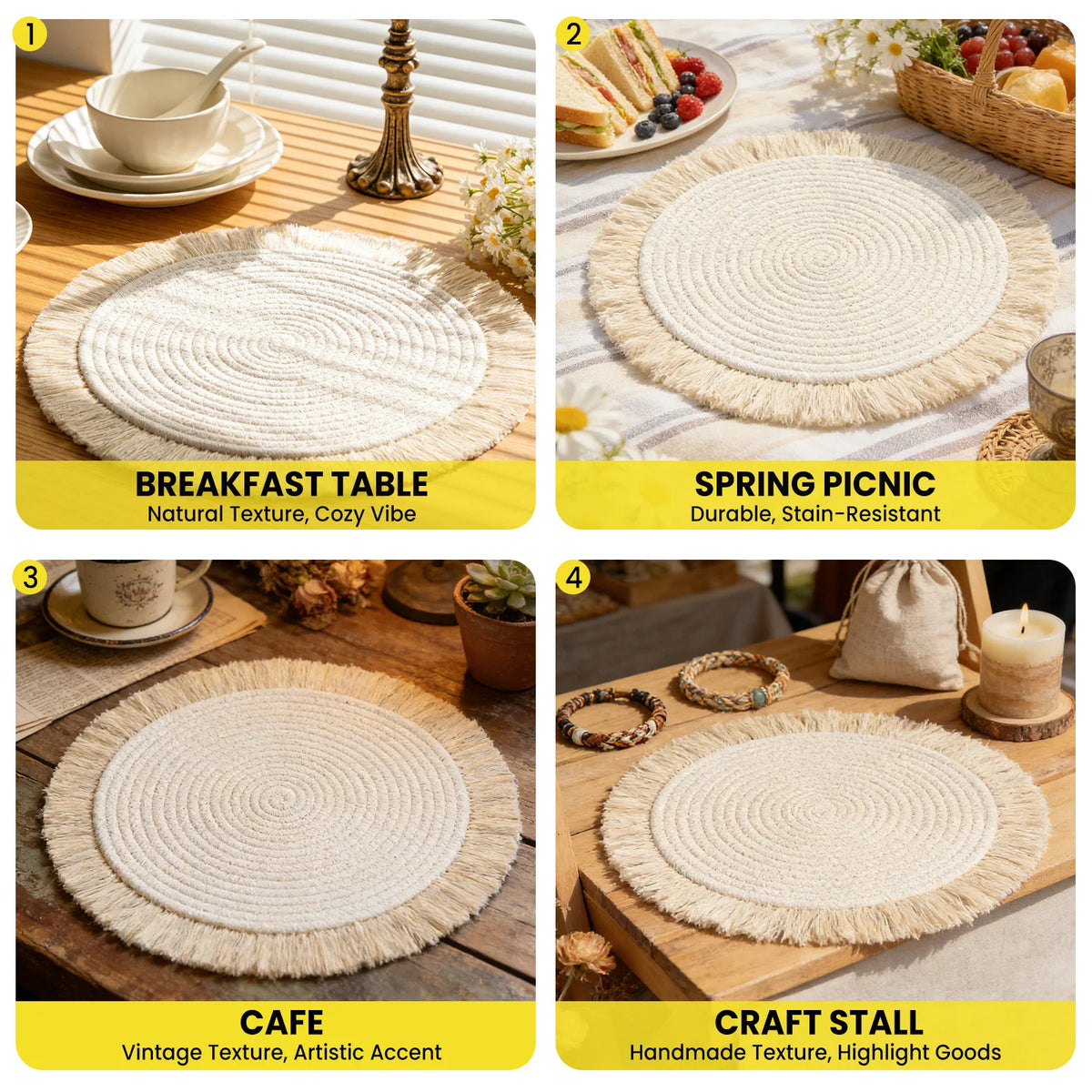 Round Cotton Rope Placemats Set of 8, 34cm Natural Boho Table Mats with Tassel, Heat Resistant Non-Slip Washable Woven Place Mats for Dining Table, Kitchen and Party