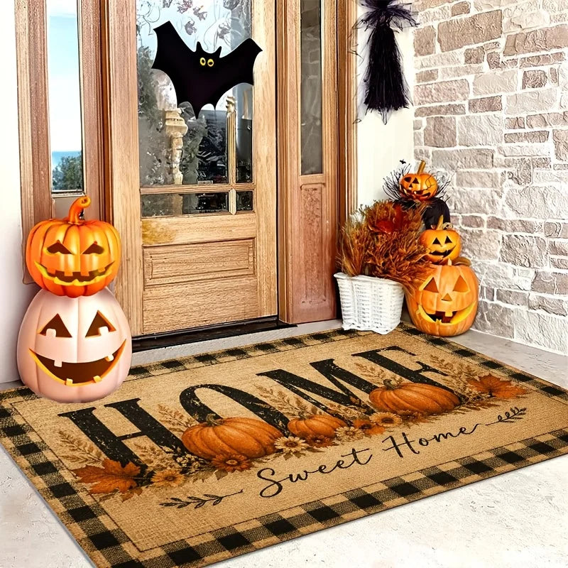 1pc Autumn Harvest Pumpkin Entrance Doormat, Thick Flannel Non-Slip Machine Washable Rug, Thanksgiving Indoor Floor Mat for Front Door Kitchen Bathroom Living