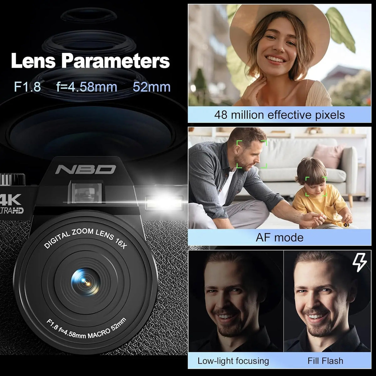 NBD 4K Digital Camera 48MP 16x Zoom Vlogging Flip Screen