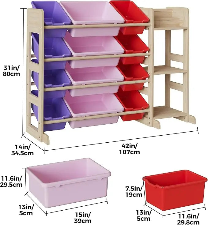 Tacleekii 42" 52" Wide Kids Toy Storage Organizer with 12 Bins & 3 Open Shelves Solid Wood Bookshelf Cabinet Storage Unit for Playroom Bedroom Living Room