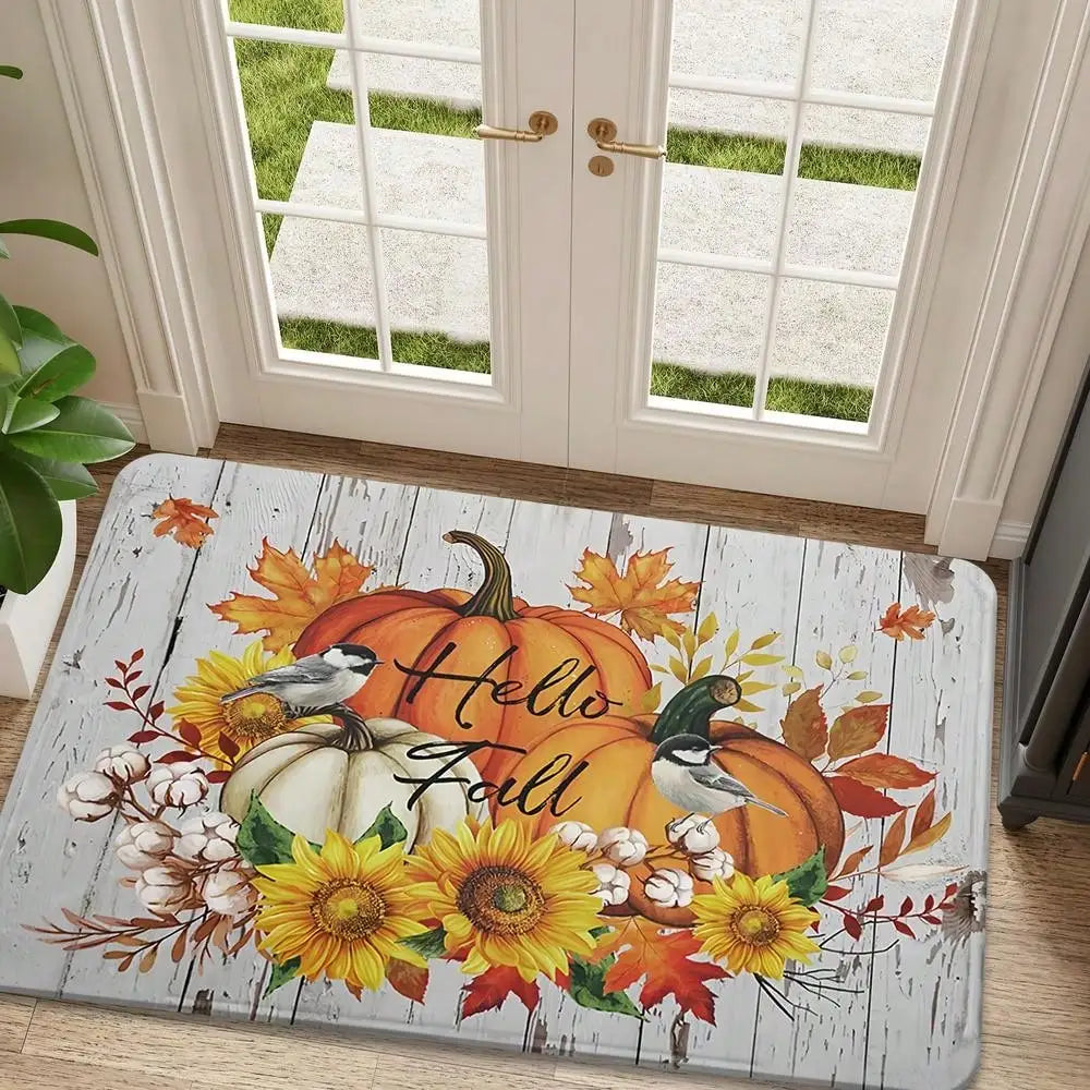 1pc "Hello Fall" Autumn Soft Flannel Non-Slip Floor Mat, Autumn Maple Leaf And Pumpkin Pattern Doormat, Suitable For Laundry Room Decor, Kitchen Mat, Washable