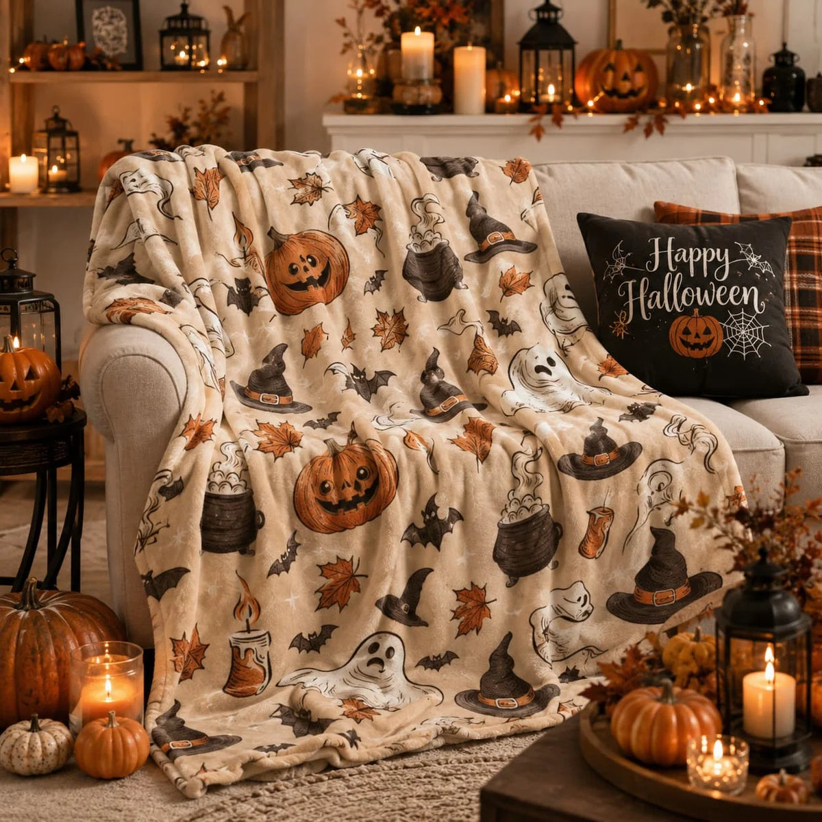 1pc Spooky Pumpkin & Ghosts Plaid Flannel Throw Blanket - Soft Polyester, All-Season Decorative Throw for Bedroom & Living Room, Machine Washable, Perfect Gift for Halloween, Birthdays, and Home Decor, Halloween Decorations