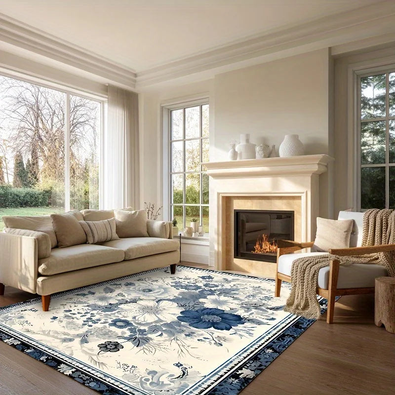 Luxurious High-End Blue And White Floral Pattern  Floor Mat, Elegant Design, Comfortable And Beautiful, Suitable for Bedrooms And Living Rooms