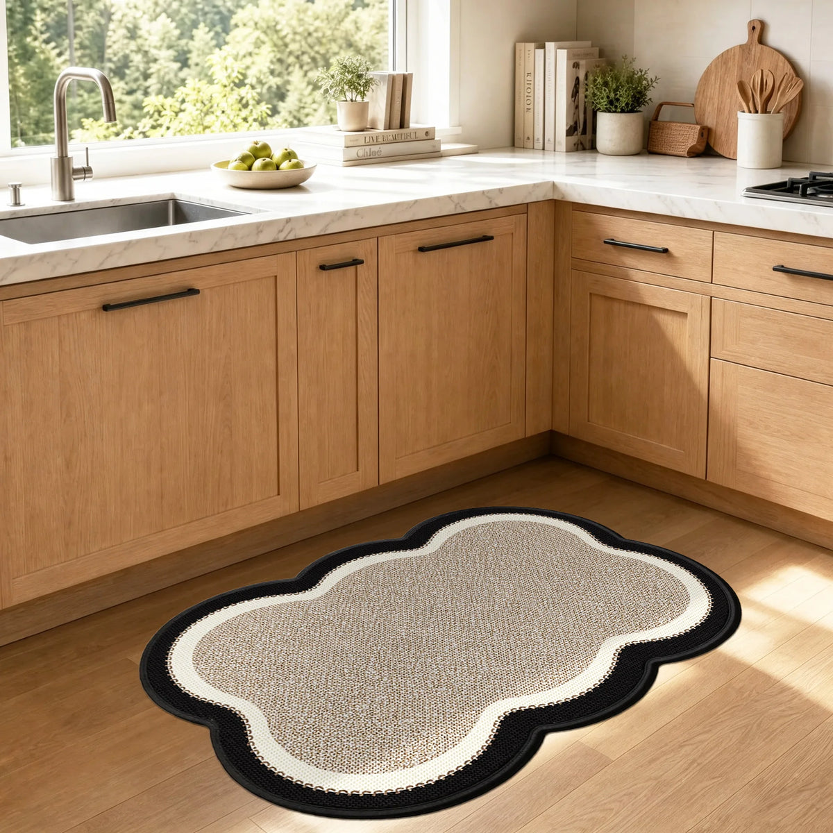 Wavy Scalloped Bathroom Rug, Imitation Linen Absorbent Non Slip Bath Mat for Shower Room, Entryway Decor