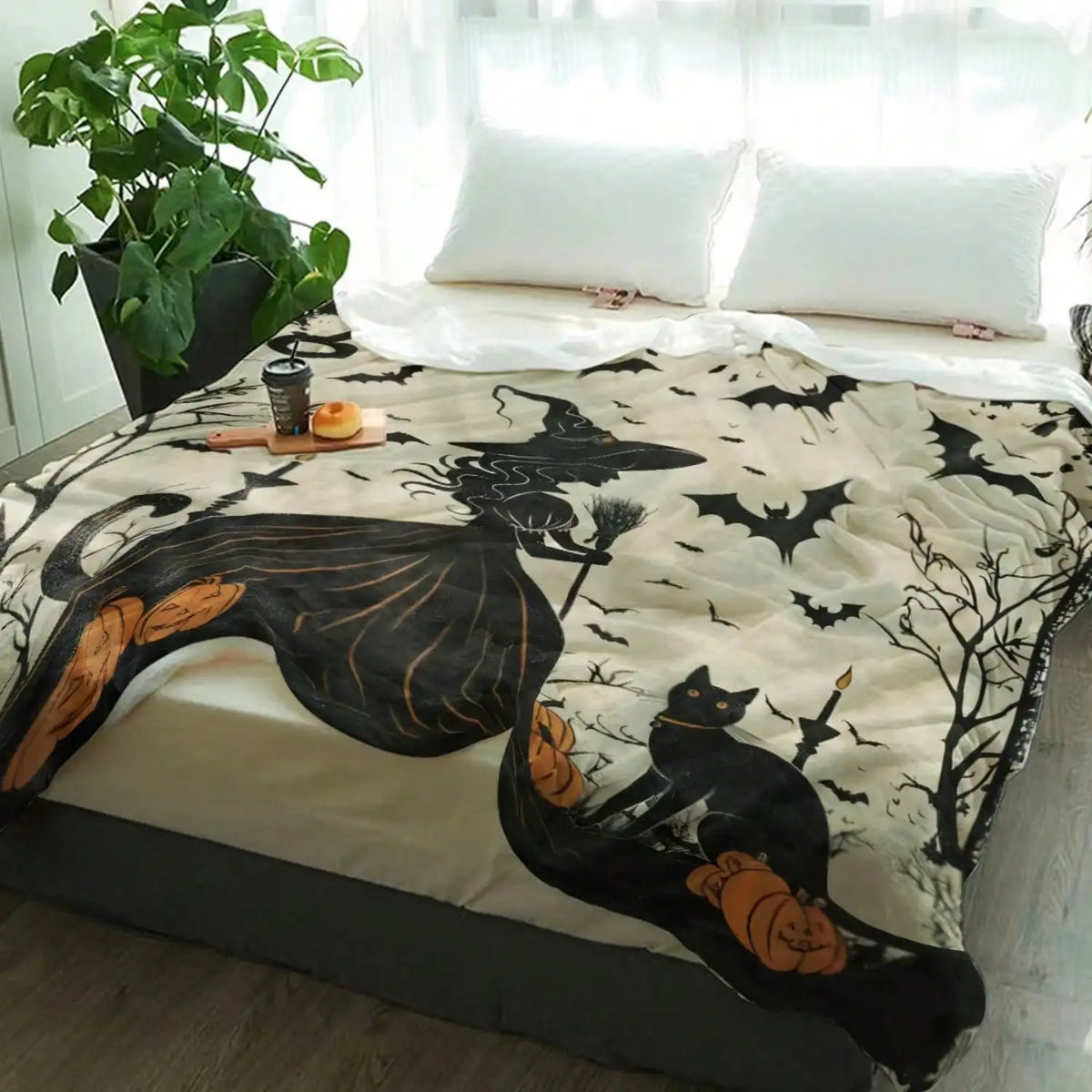 Vintage Witch Silhouette Throw Blanket, Soft Flannel, Cozy, Spooky, Dark Vintage, Cat Bat Pumpkin, Halloween Gift