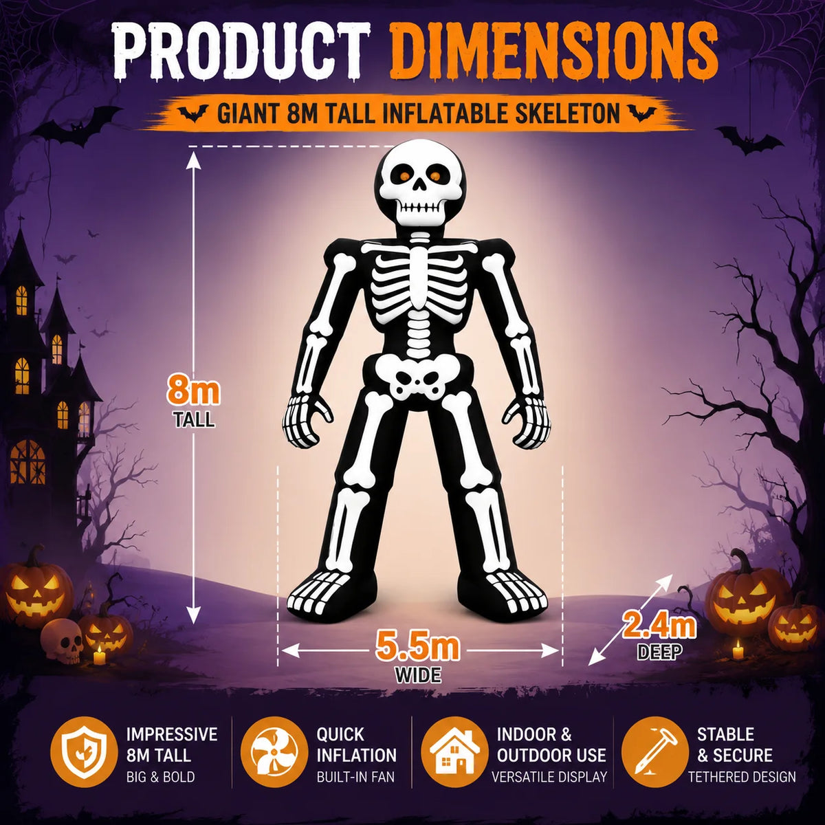 Giant 8m/26ft Inflatable Halloween Skeleton Man 3-Story High with Fan Oxford Cloth Skeleton Man Costume for Outdoor Halloween Decoration