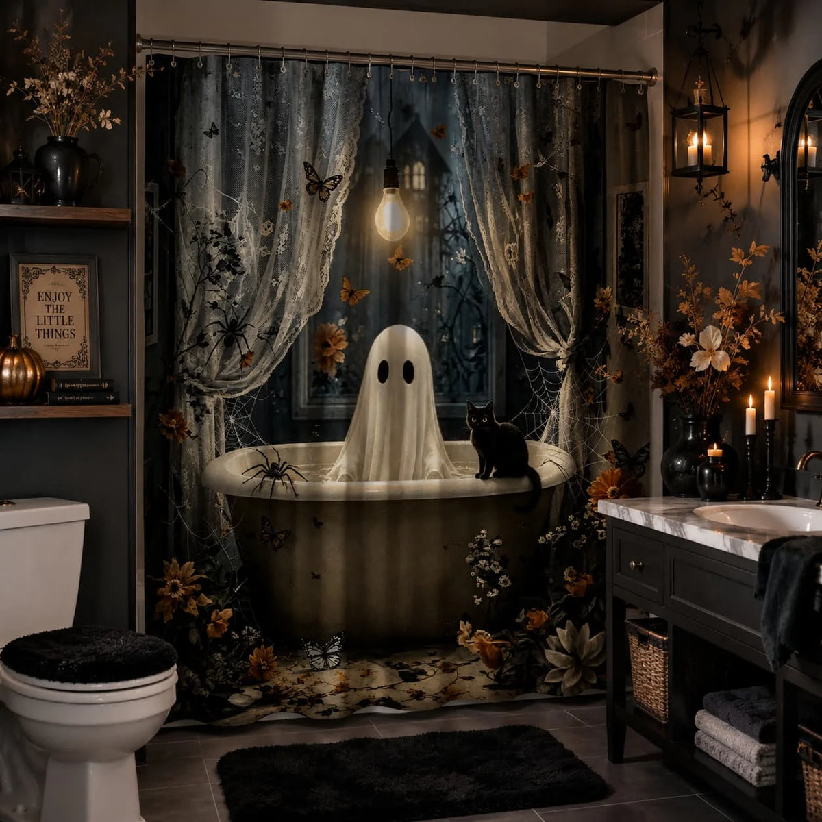 2D Flat, 1pc Shower Curtain, Gothic 2D Shower Curtain for Bathrooms, Includes a High-Quality 70.87 X 70.87inch Shower Curtain And 12 Durable Hooks. Bathroom Decor And Additions, Local Warehouse Items