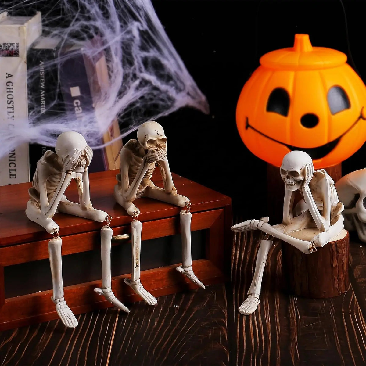 3PCS Halloween Skeleton Figurines Set Full Body Skeleton H  Movable Joint Plastic Hanging Skull Ornament for Haunted House Party Supplies