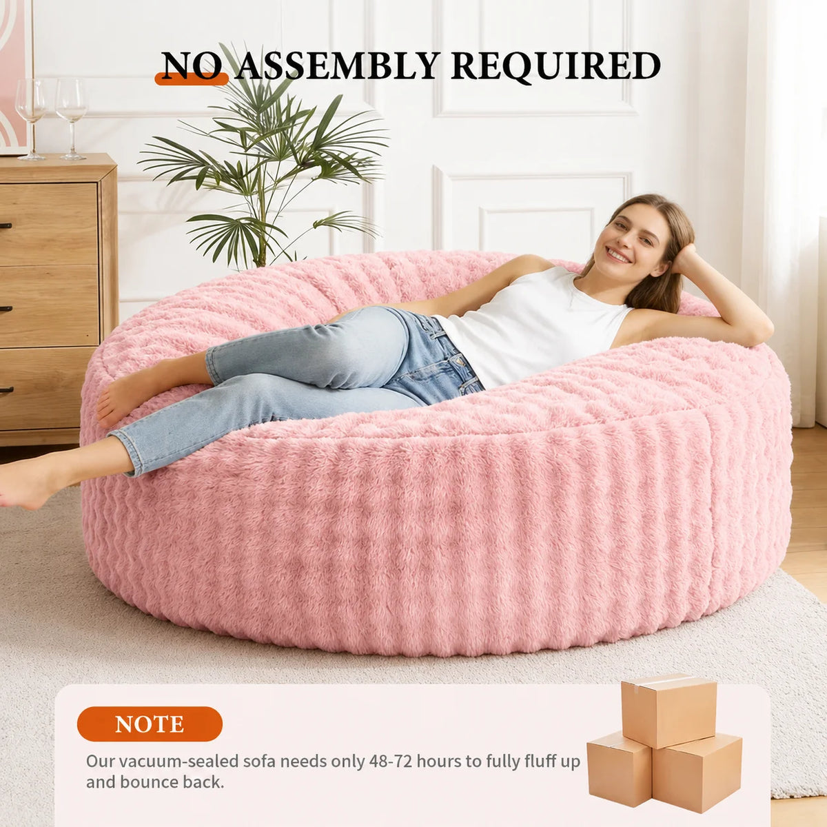 6FT Oversized Fluffy Faux Rabbit Fur Bean Bag Chair with High Density Sponge Filling, No Assembly Compressed Floor Sofa, Non-Slip Base Giant Round Lazy Couch for Adults