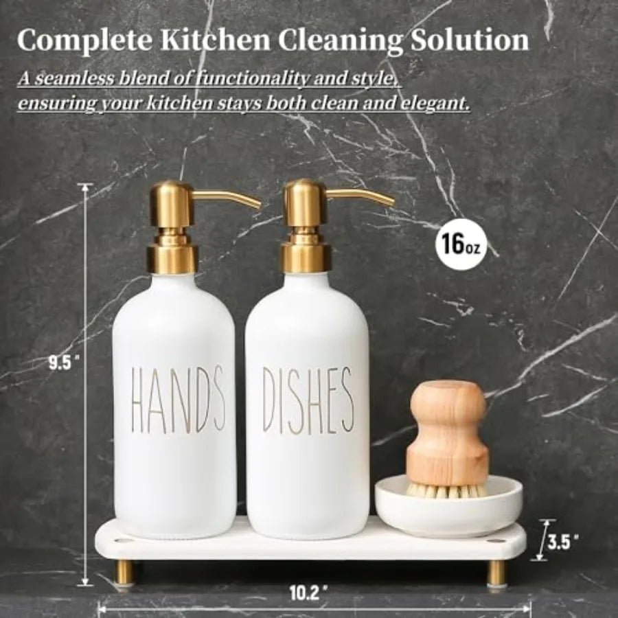 Gold Soap Dispenser Set Comes with Stainless Steel Pumps, Instant Dry Tray, and Dish Scrub Brush, Suitable for Kitchen Decor an