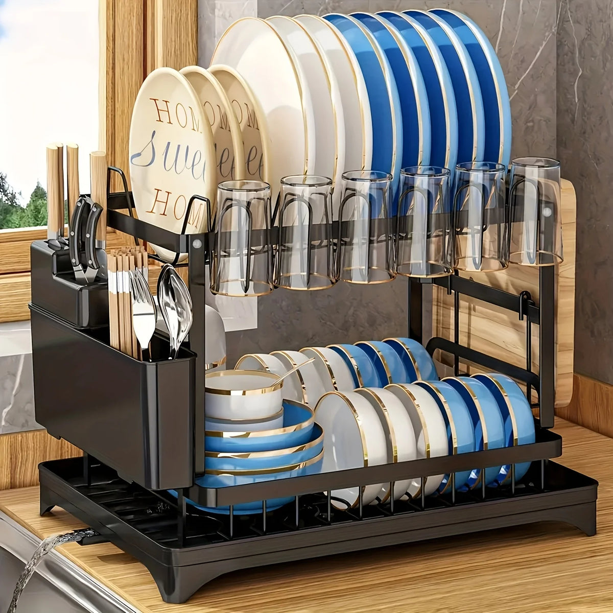Large-Capacity Double-Layer Kitchen Storage Rack-Metal Dishes with Drainage Function and Tableware Stand, Suitable for Bowls, Cups, Cutting Boards-No Assembly Required