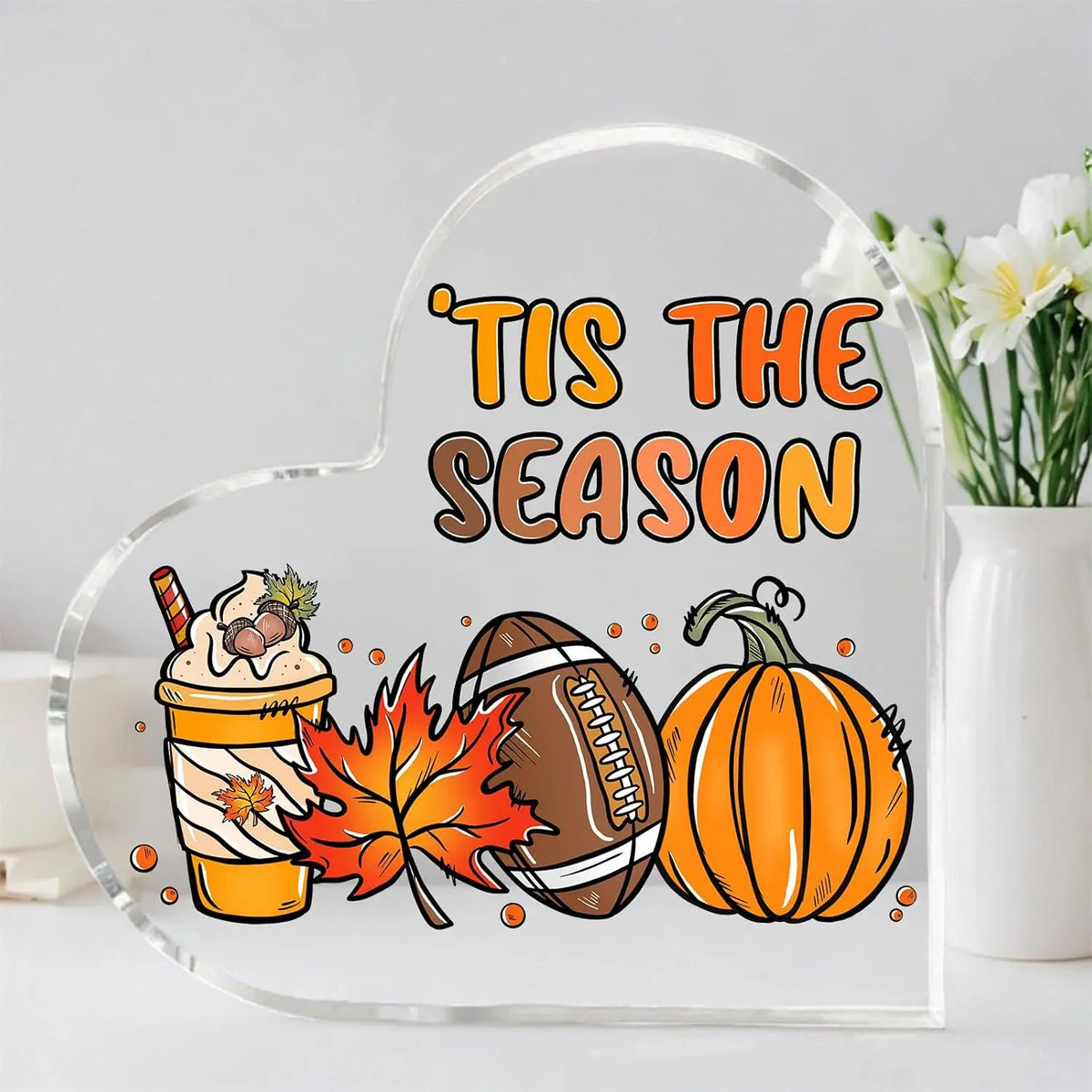 Cute Cartoon Fall Harvest Graphic Heart‑Shaped Acrylic Ornament, Autumn Thanksgiving Tabletop Decoration