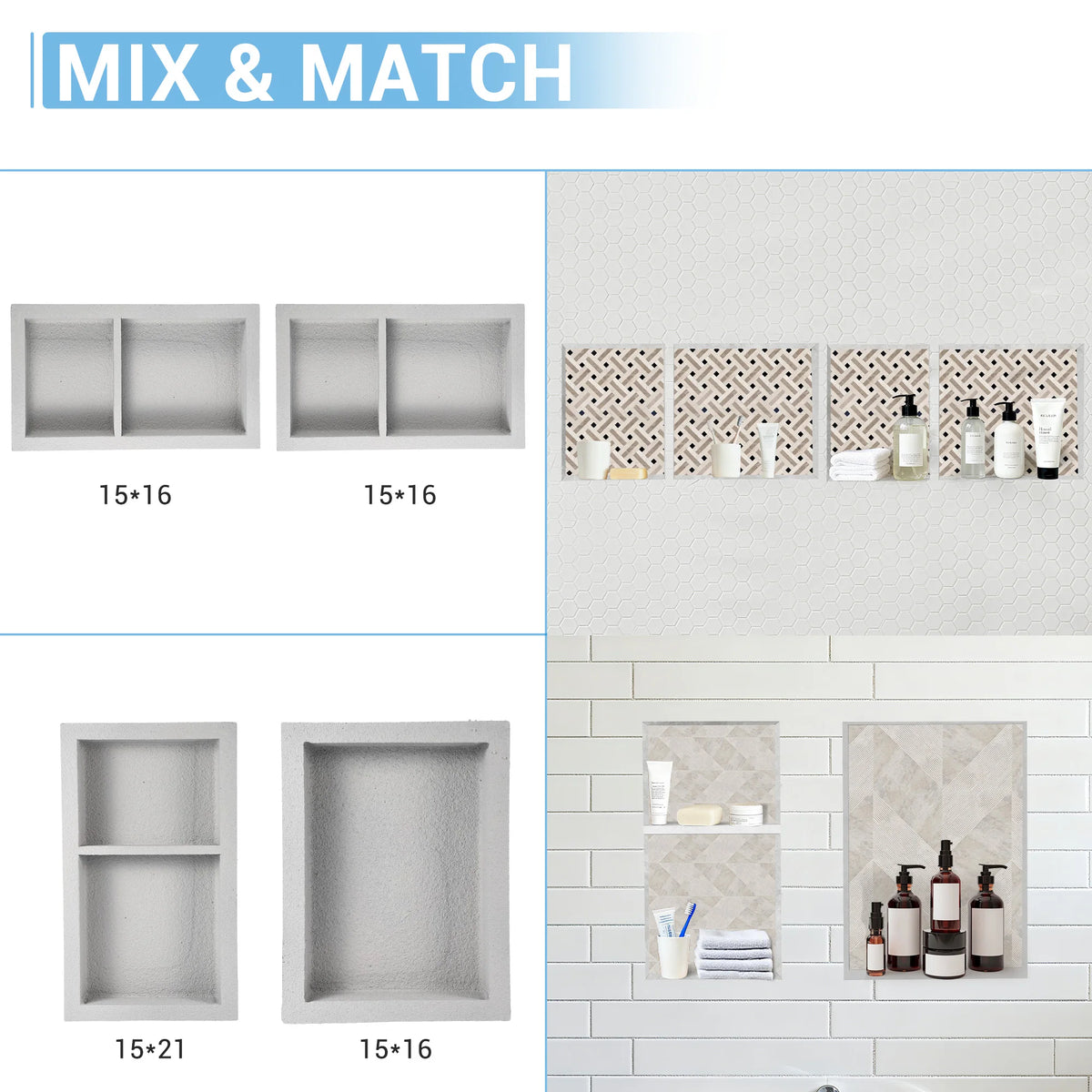Ready Tile Double Shelf Shower Niche, 12" x 25.5" Shower Niche Ready for Tile, Modern Square Corners Wall-inserted Niche Recessed for Shower Bathroom