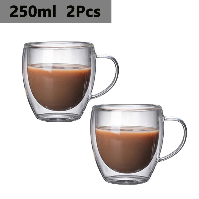 150/250/350/450ml Heat‑Resistant Double‑Wall Transparent Glass Mug For Coffee Tea Milk Whiskey Wine Cold‑Beverage Household Drinkware